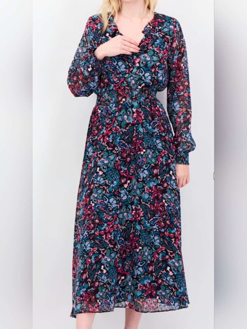 Nanette Lepore Teal Navy & Pink Floral Long-Sleeve Bohemian Maxi Dress